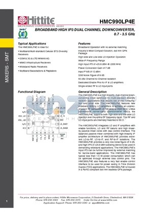 HMC990LP4E datasheet - BROADBAND HIGH IP3 DUAL CHANNEL DOWNCONVERTER