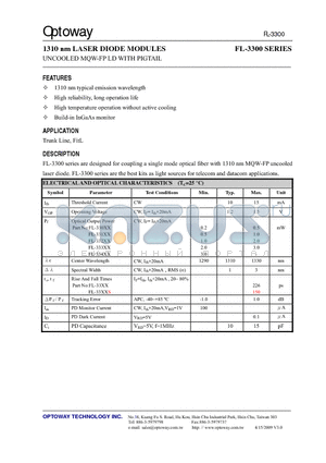 FL-3300-HF datasheet - 1310 nm LASER DIODE MODULES UNCOOLED MQW-FP LD WITH PIGTAIL