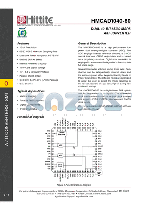 HMCAD1040-80 datasheet - Dual 10-Bit 65/80 MSPS A/D Converter