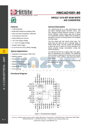 HMCAD1051-80 datasheet - Single 13/12-Bit 65/80 MSPS A/D Converter