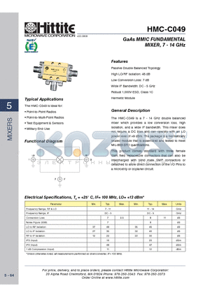 HMCC049 datasheet - GaAs MMIC FUNDAMENTAL MIXER, 7 - 14 GHz