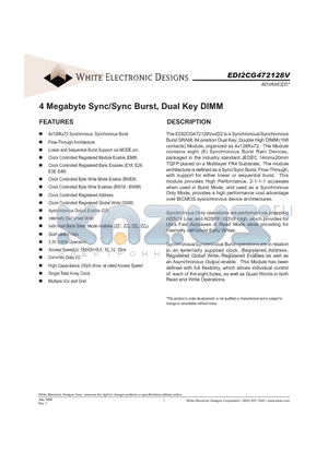 EDI2CG472128V85D2 datasheet - 4 Megabyte Sync/Sync Burst, Dual Key DIMM