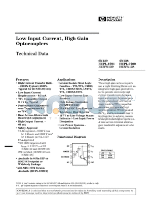 HCNW138 datasheet - Low Input Current, High Gain Optocouplers