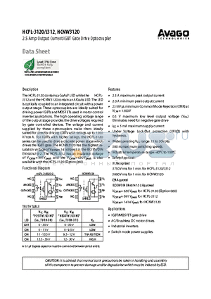 HCNW3120 datasheet - 2.5 Amp Output Current IGBT Gate Drive Optocoupler