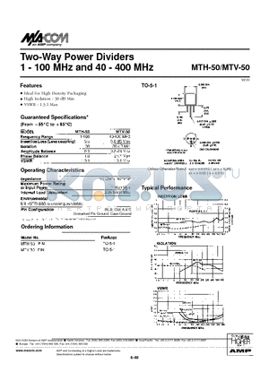 MTH-50PIN datasheet - Two-Way Power Dividers 1 - 100 MHz and 40 - 400 MHz