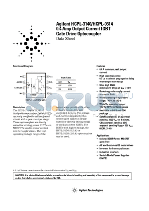 HCPL-0314 datasheet - 0.4 Amp Output Current IGBT Gate Drive Optocoupler