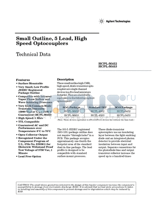 HCPL-0453 datasheet - Small Outline, 5 Lead, High Speed Optocouplers