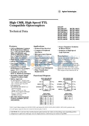 HCPL-0601 datasheet - High CMR, High Speed TTL Compatible Optocouplers