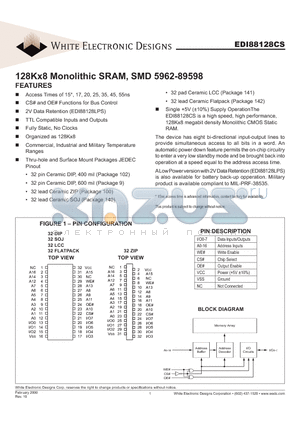 EDI88128CDXZC datasheet - 128Kx8 Monolithic SRAM, SMD 5962-89598