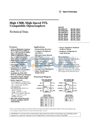 HCPL-063N datasheet - High CMR, High Speed TTL Compatible Optocouplers