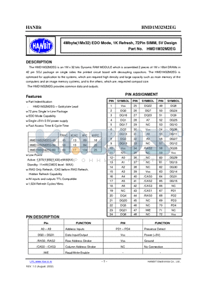 HMD1M32M2EG-50 datasheet - 4Mbyte(1Mx32) EDO Mode, 1K Refresh, 72Pin SIMM, 5V Design