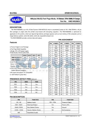 HMD1M32M2G-6 datasheet - 4Mbyte(1Mx32) Fast Page Mode, 1K Refresh, 72Pin SIMM, 5V Design