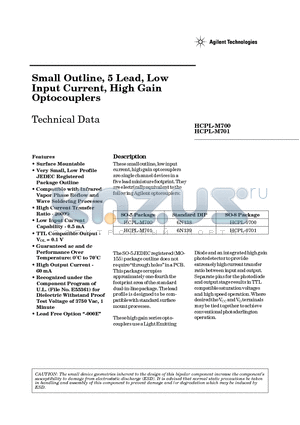 HCPL-0700 datasheet - Small Outline, 5 Lead, Low Input Current, High Gain Optocouplers