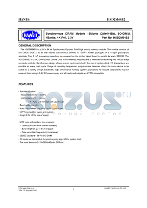 HMD2M64B2-8 datasheet - Synchronous DRAM Module 16Mbyte (2Mx64-Bit), SO-DIMM, 4Banks, 4K Ref., 3.3V