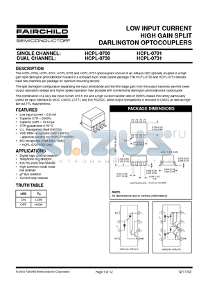 HCPL-0701R2V datasheet - LOW INPUT CURRENT HIGH GAIN SPLIT DARLINGTON OPTOCOUPLERS