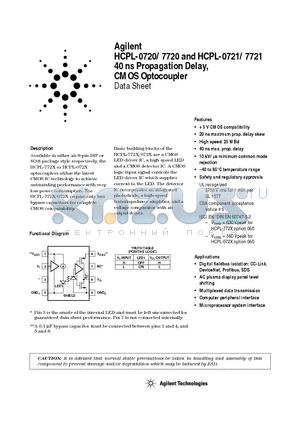 HCPL-0720 datasheet - 40 ns Propagation Delay CMOS Optocoupler