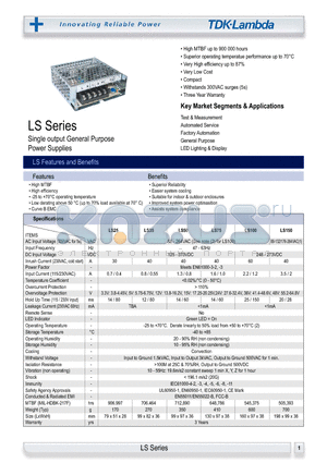 LS100 datasheet - Single output General Purpose Power Supplies