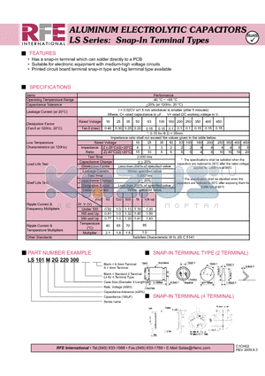 LS101M2G220300 datasheet - ALUMINUM ELECTROLYTIC CAPACITORS LS Series: Snap-In Terminal Types