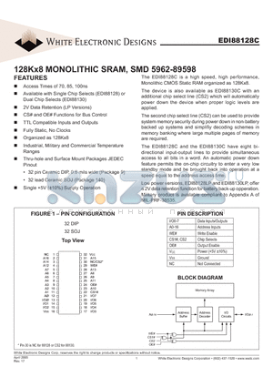 EDI88130LPXNB datasheet - 128Kx8 MONOLITHIC SRAM, SMD 5962-89598