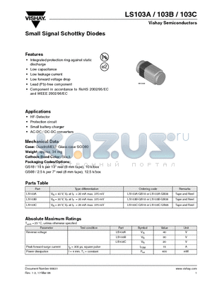 LS103B-GS18 datasheet - Small Signal Schottky Diodes