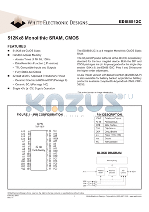 EDI88512C datasheet - 512Kx8 Monolithic SRAM, CMOS