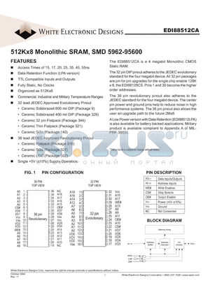 EDI88512CAXB32I datasheet - 512Kx8 Monolithic SRAM, SMD 5962-95600