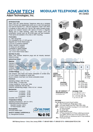 MTJ10102B02 datasheet - MODULAR TELEPHONE JACKS