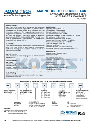 MTJ1010C11LXM10 datasheet - MAGNETICS TELEPHONE JACK INTEGRATED MAGNETICS & LEDs 10/100 BASE T & 1000 BASE T