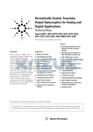 HCPL-257K datasheet - Hermetically Sealed, Transistor Output Optocouplers for Analog and Digital Applications