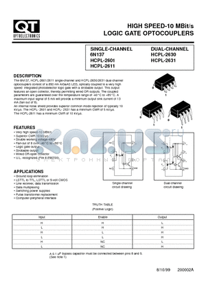 HCPL-2611 datasheet - HIGH SPEED-10 MBit/s LOGIC GATE OPTOCOUPLERS