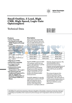 HCPL-2611 datasheet - Small Outline, 5 Lead, High CMR, High Speed, Logic Gate Optocouplers