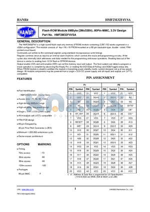 HMF2M32F2V-90 datasheet - Flash-ROM Module 8MByte (2Mx32Bit), 80Pin-MMC, 3.3V Design