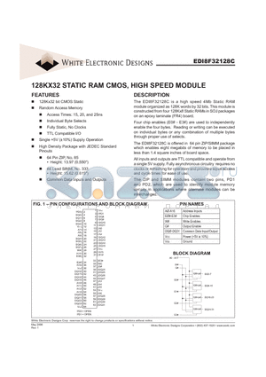 EDI8F32128C15MZC datasheet - 128KX32 STATIC RAM CMOS, HIGH SPEED MODULE