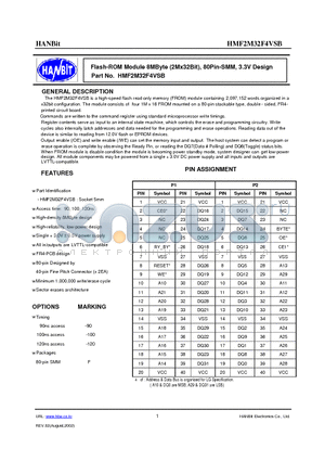 HMF2M32F4VSB-120 datasheet - Flash-ROM Module 8MByte (2Mx32Bit), 80Pin-SMM, 3.3V Design