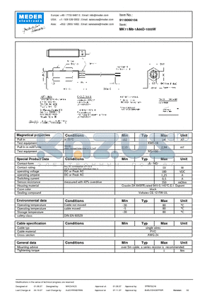 MK11-M8-1A66D-1000W datasheet - MK Reed Sensor