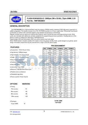 HMF3M32M6V-90 datasheet - FLASH-ROM MODULE 12MByte (3M x 32-Bit) ,72pin-SIMM, 3.3V