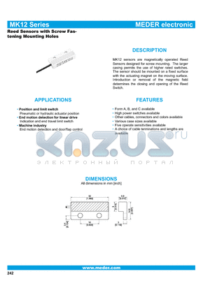 MK12-1B90E-500W datasheet - Reed Sensors with Screw Fastening Mounting Holes