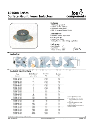 LS1608-150-RM datasheet - Surface Mount Power Inductors