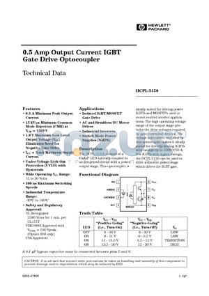 HCPL-3150500 datasheet - 0.5 Amp Output Current IGBT Gate Drive Optocoupler