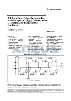 HCPL-316 datasheet - 2.0 Amp Gate Drive Optocoupler with Integrated (VCE) Desaturation Detection and Fault Status Feedback