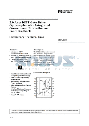 HCPL-3160 datasheet - 2.0 Amp IGBT Gate Drive Optocoupler with Integrated Over-current Protection and Fault Feedback