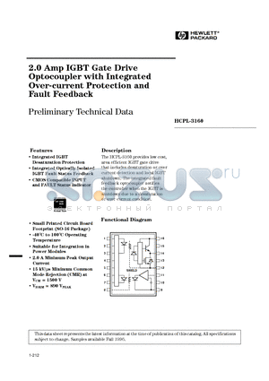 HCPL-3160 datasheet - 2.0 Amp IGBT Gate Drive Optocoupler with Integrated Over-current Protection and Fault Feedback