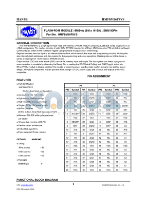 HMF8M16F8VS-90 datasheet - FLASH-ROM MODULE 16MByte (8M x 16-Bit) , SMM 80Pin