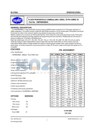 HMF8M32M8A-90 datasheet - FLASH-ROM MODULE 32MByte (8M x 32Bit), 72-Pin SIMM, 5V