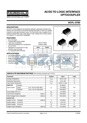 HCPL-3700SD datasheet - AC/DC TO LOGIC INTERFACE OPTOCOUPLER