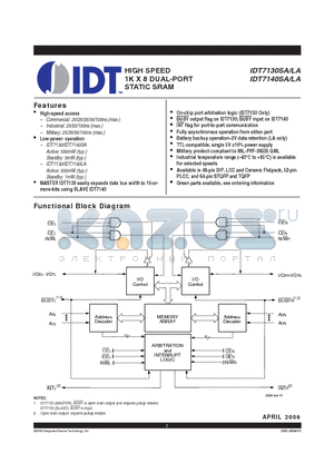 IDT7140LA100FG datasheet - HIGH SPEED 1K X 8 DUAL-PORT STATIC SRAM