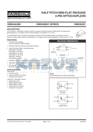 HMHA281R1V datasheet - HALF PITCH MINI-FLAT PACKAGE 4-PIN OPTOCOUPLERS