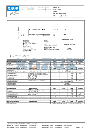 MK14-1A71B-100W datasheet - MK Reed Sensors