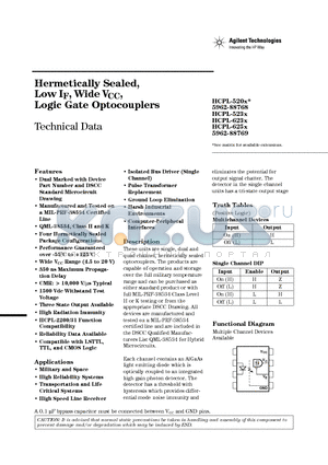 HCPL-520K datasheet - Hermetically Sealed, Low IF, Wide VCC, Logic Gate Optocouplers