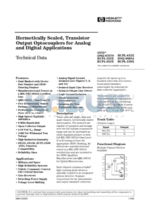 HCPL-5500 datasheet - Hermetically Sealed, Transistor Output Optocouplers for Analog and Digital Applications